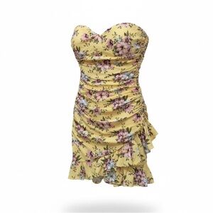 Forever 21 Yellow Floral Ruched Mini Strapless Dress Size M Coquette Cottagecore